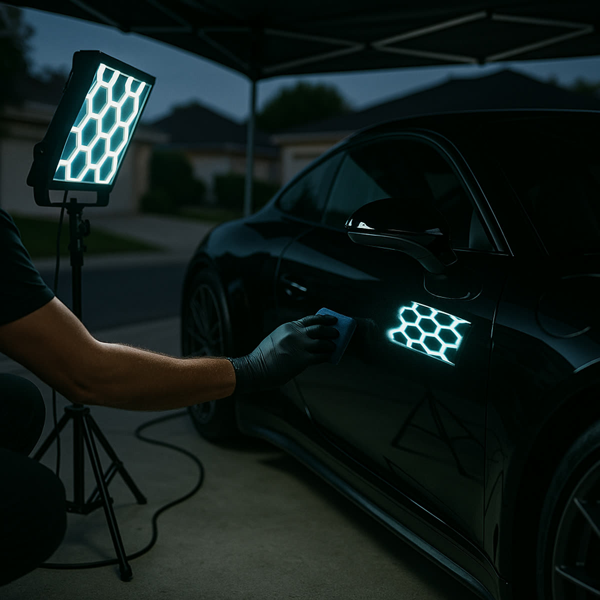 Mobile ceramic coating setup at a customer driveway